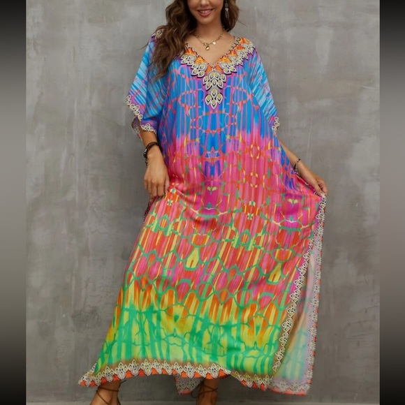Boho Tie Dye Print Batwing Sleeve Slit Hem Maxi Dress - Picture 5 of 9